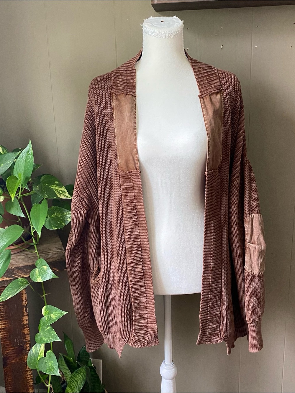 Heyson brown knit oversize cardigan with satin patches and pockets